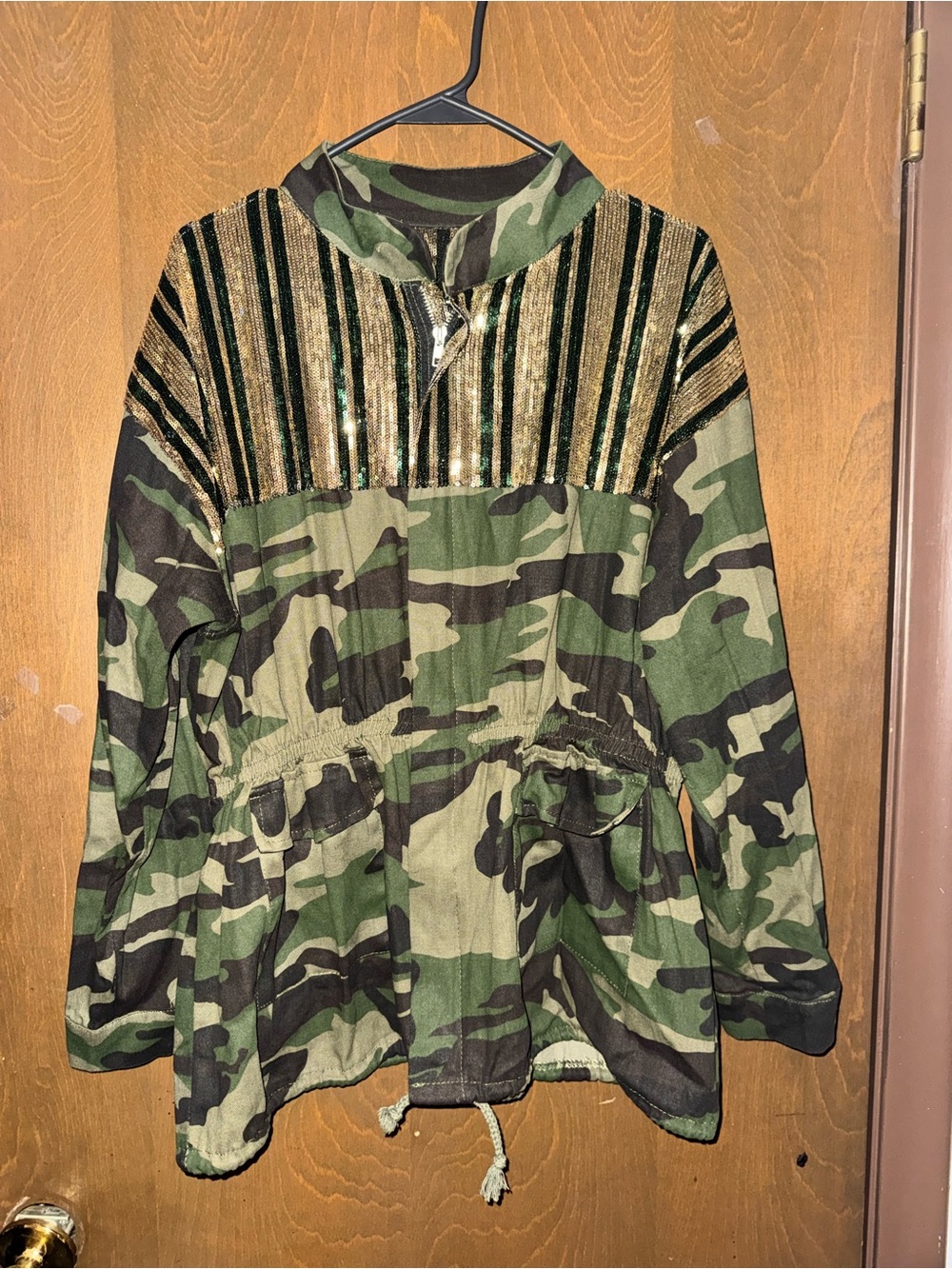SHEIN Green Camo Utility Jacket with Gold Sequin Stripes